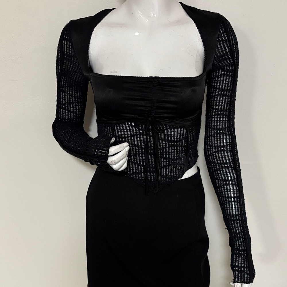 Danielle Guizio Black Long Sleeve Satin & Lace Fitted Fairy Vamp Goth Crop Top